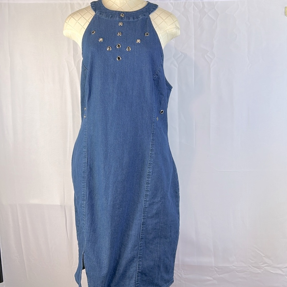 Ashley Stewart Blue Denim Halter Dress with Grommet Accents Size 14 New